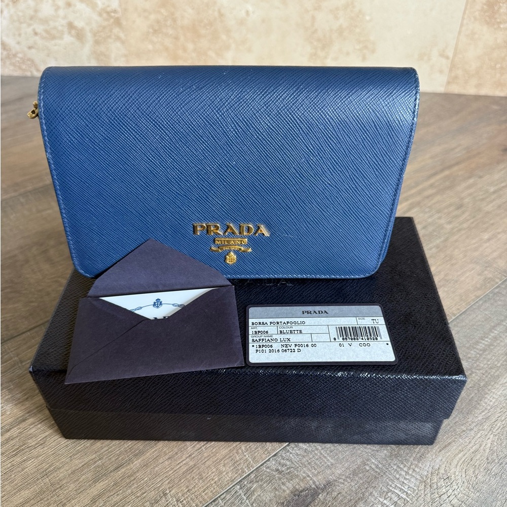 Prada Blue Leather Clutch with Gold Accents